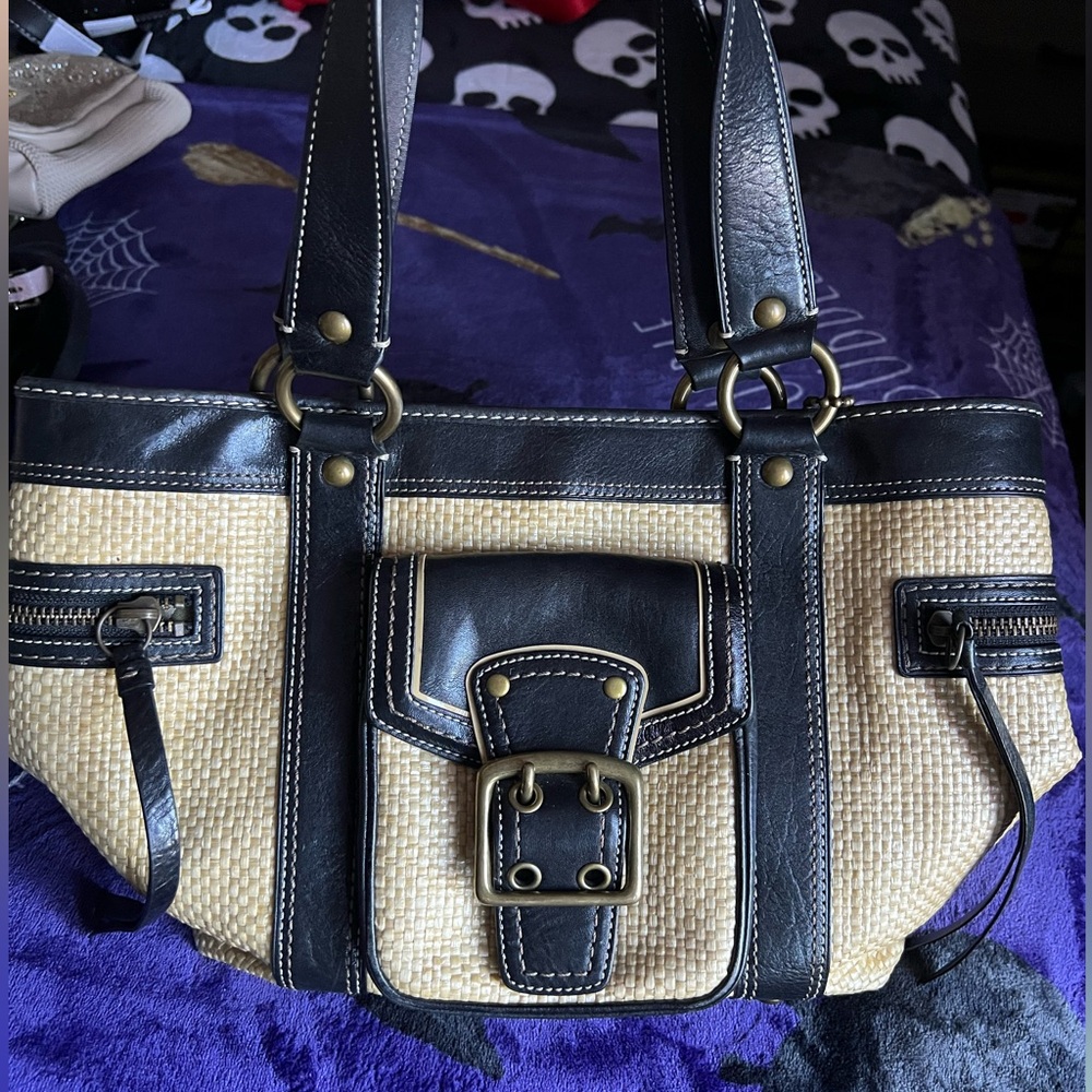 Coach Black Leather & Natural Straw Legacy Handbag Purse Tote Vtg L05K-113
